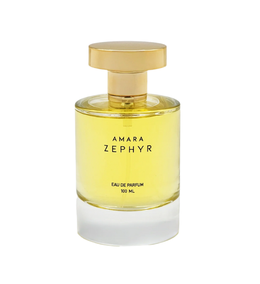 Amara Zephyr perfume bottle with gold cap on a white background