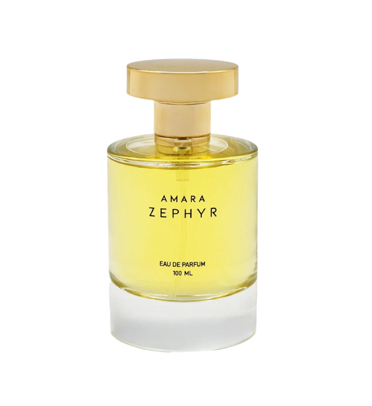Amara Zephyr perfume bottle with gold cap on a white background