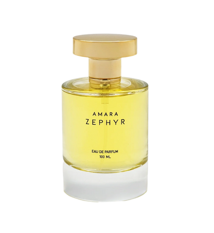 Amara Zephyr perfume bottle with gold cap on a white background